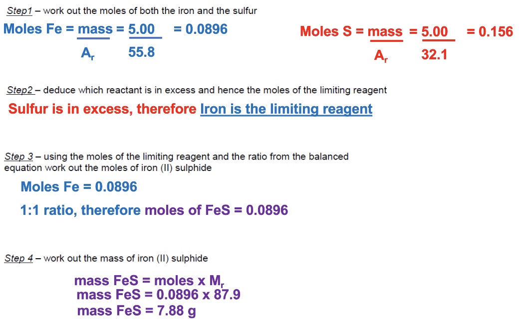 <p>limiting reactant is iron (sulphur is in excess)</p><p>→ the mass of iron sulphide is 7.99g</p>