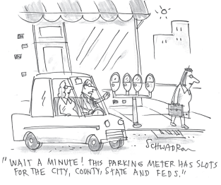 <p>Which of the following statements best describes the message expressed in the cartoon?</p><p></p><p>(A) Government overlap creates too many taxes and fees at multiple levels.</p><p>(B) Taxpayers are obligated to support multiple levels of government.</p><p>(C) Regulations for transportation and safety should be at the state level.</p><p>(D) Taxes and fees will be collected at convenient times.</p>