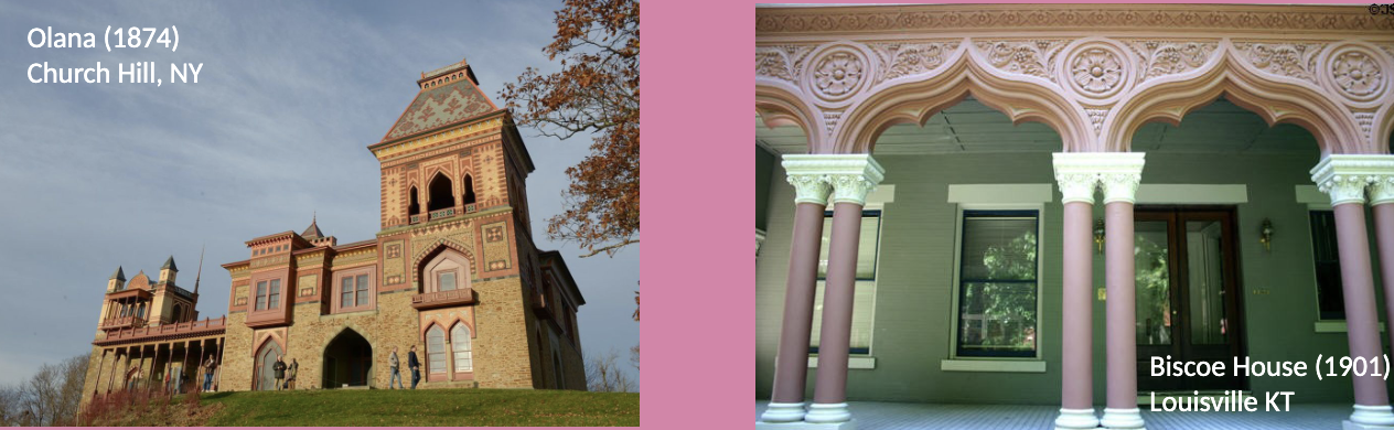 <p><span>Only a few dozen remaining examples in America</span><br><span>Includes decorative elements with ogee arches (sometimes with scalloped edges) or the addition of Turkish onion dome.</span><br><span>This style was inspired by increasing exploration and trade in the East in the late 18th and 19th C.</span></p>