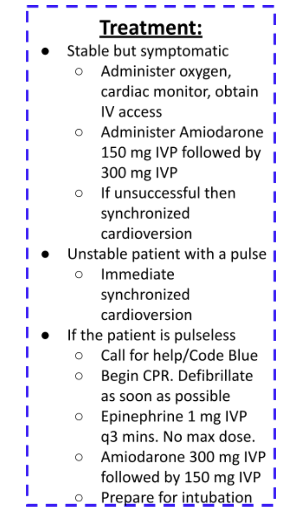<p>v tach</p><p>HR 100 &lt; “tombs”</p><p>check pulse. stable&gt; amiodarone 150 mg } 300 mg } cardiovert</p><p>unstable &gt; lidocaine 1-1.5 mg } max 3mg } cardiovert</p>