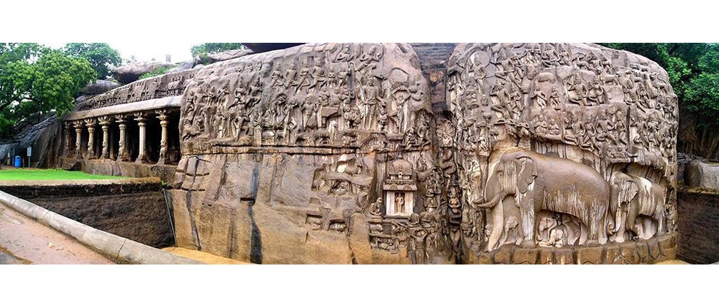 <ul><li><p>water imagery and ornamentation of the site</p></li><li><p>elephant analogous with a living mountain</p></li><li><p>Shiva’s mercy to bring water to the earth for purification and alleviating a drought</p></li></ul><p>COMPARISON- the same river that the ghats connect to </p>