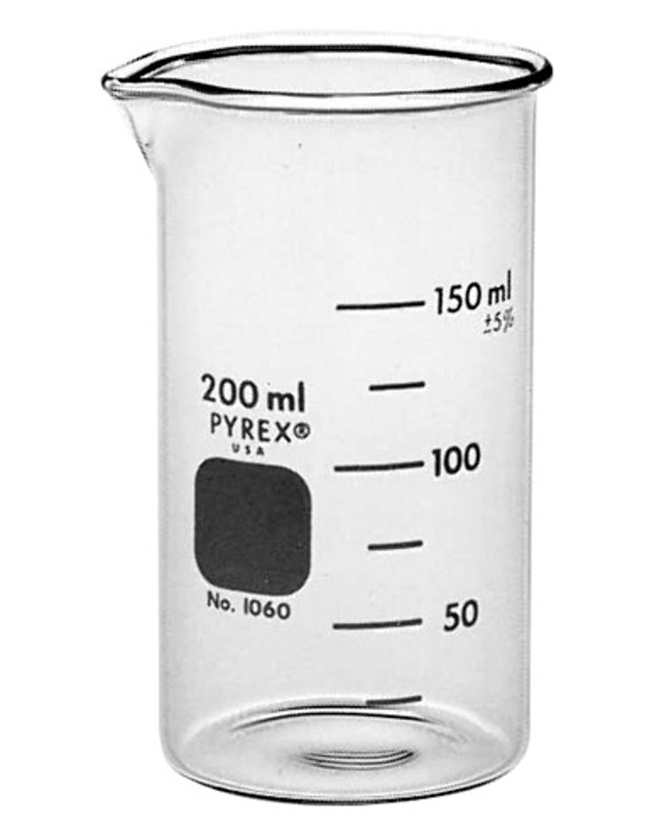<p>Used to hold LIQUIDS or SOLIDS. When graduated, it can be used to make APPROXIMATE measurements of the volume of liquids.</p>