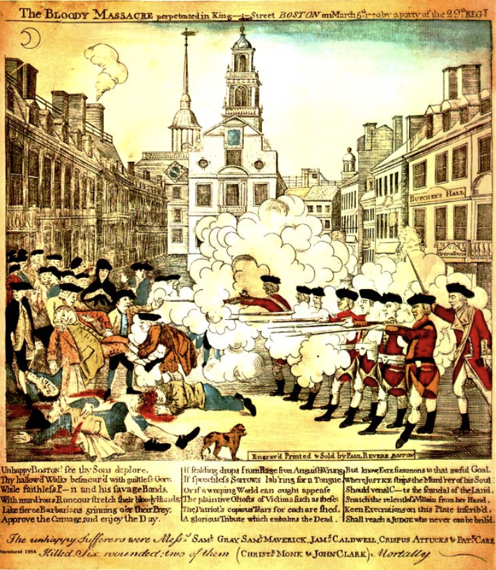 <ul><li><p>Paul Revere</p></li><li><p>propaganda of boston massacre, we hate britain</p><p>not an accurate representation</p></li><li><p>british: stoic, colonists: horror</p></li><li><p>Crispus Attucks - first person killed</p></li><li><p>poem by paul revere</p></li><li><p>engraved by PR, someone else drew it</p></li><li><p>revolutionary</p></li></ul>