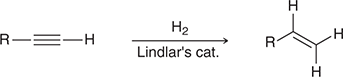 <p>When treated with these reagents, an alkyne is converted to a cis alkene.</p><p>(hydrogenation)</p>