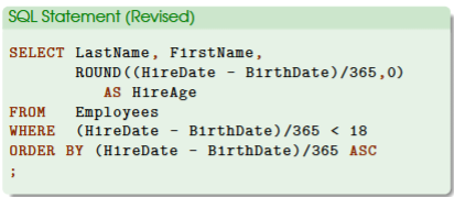 <ul><li><p>WHERE (HireDate - BirthDate)/365 <18</p></li><li><p><18 would only show employees under the age of 18</p></li><li><p>if the result is an empty table, then there are no employees that fit this condition </p></li><li><p>Record 1-1 would be shown at the bottom which indicates a new, blank row in Access</p></li><li><p>if there are two employees with no age information, we need to use the audit mindset to include these suspicious employees in our data analysis </p></li></ul><p></p>