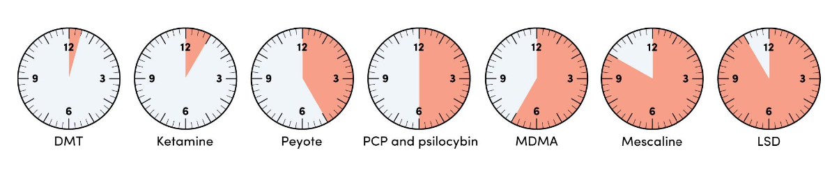<ol><li><p>orally</p></li><li><p>20-60 minutes</p></li><li><p>snorted, smoked, or given IV</p></li><li><p>dosage, purity, drug taken ie. DMT= 30 mins, LSD = 1 hr</p></li><li><p>liver</p></li><li><p>urine</p></li></ol><p></p>