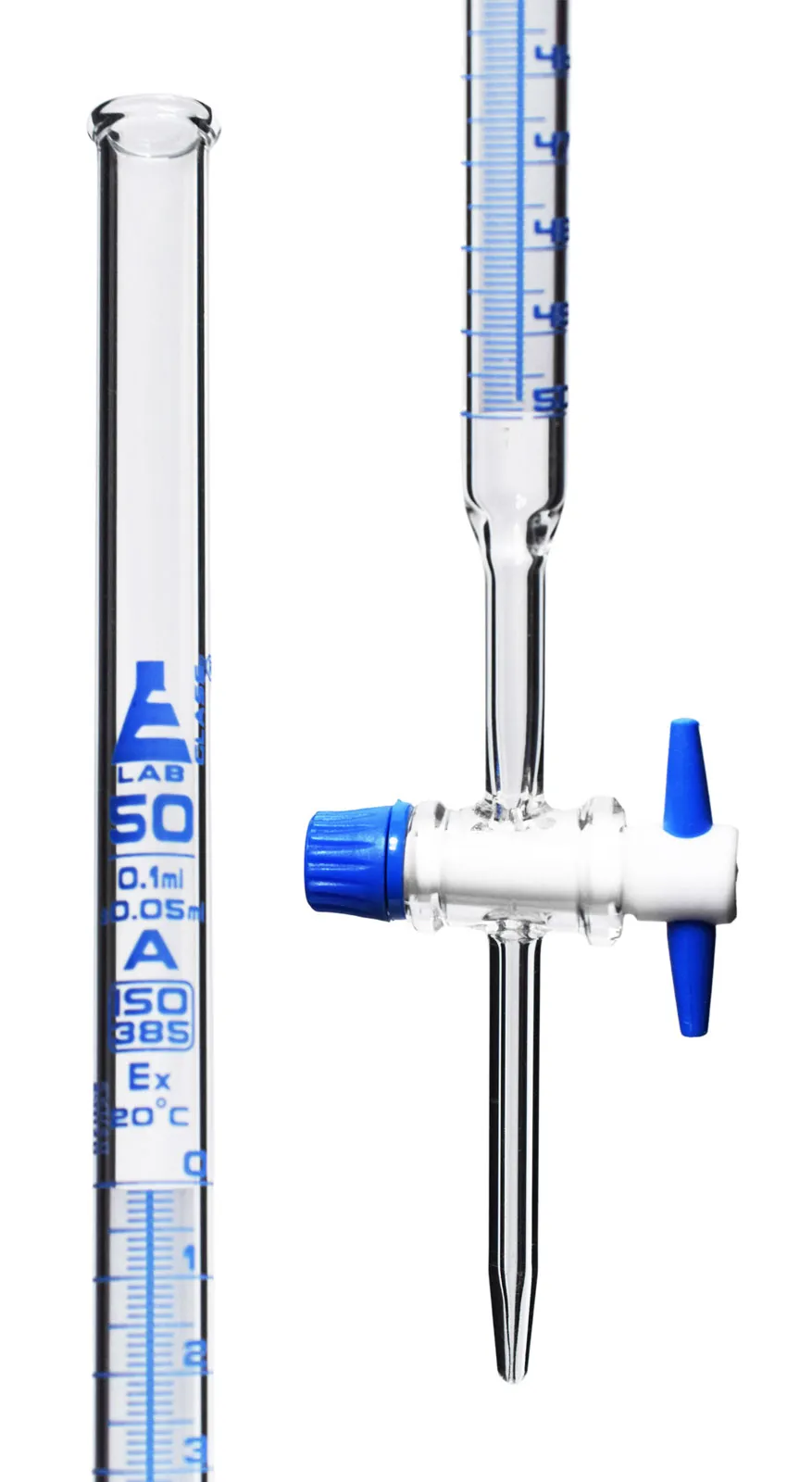 <p>Appearance - graduated glass tube with a stopcock(valve)</p><ul><li><p>stopcock is at top; gas burette, at bottom; liquid burette</p></li></ul><p>Uses - quantitative chemical analysis to measure the volume of a liquid or a gas, used for titration</p>
