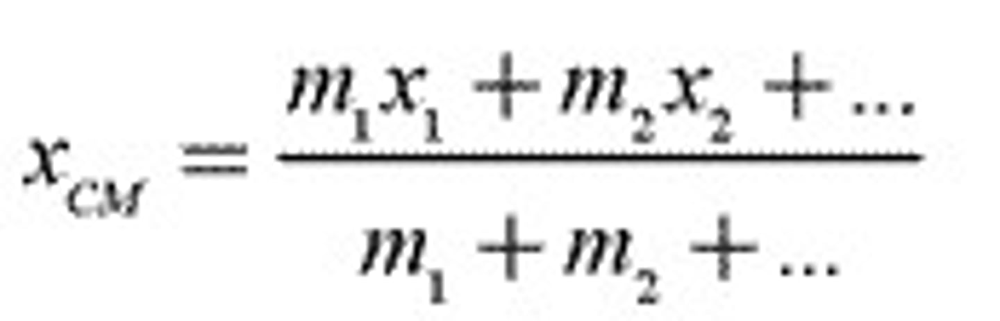 <p>the point in an object that moves as if all the object's mass were concentrated at that point. Geometric center of an object that is symmetrical in shape and uniform in density. Can be calculated with equation shown, but not required to know this for the MCAT</p>