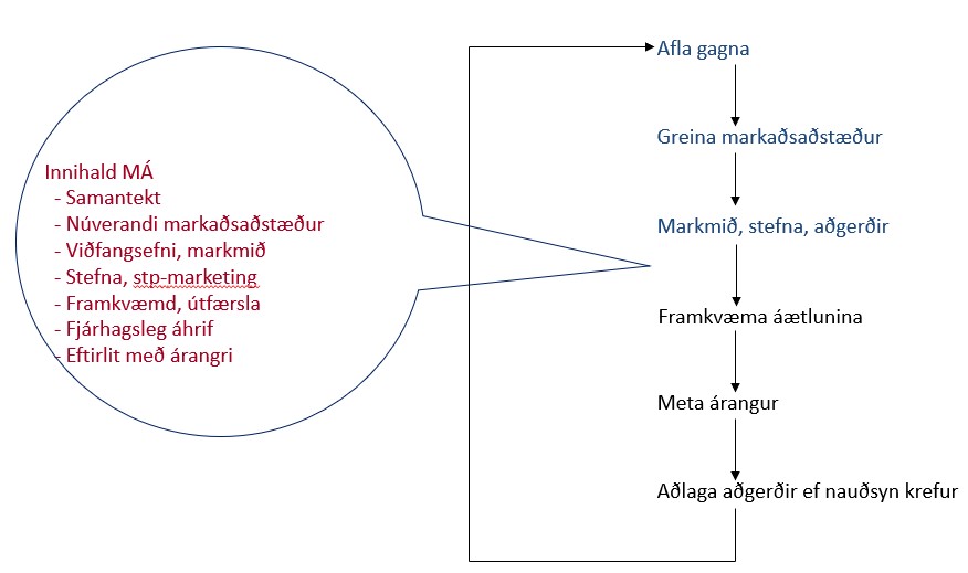 Greiningin: 
Pest
Demographic, economic, natural
Technology, political, cultural
Task 
Markets, customers, competitors
Channels, suppliers, publics
Internal 
Marketing strategy audit, marketing organization audit
Marketing system audit, productivity audit
Marketing function audit

Stefnan: 
Markmið
Fjárhagsleg markmið (arðsemi)
Markaðsleg markmið (leiðir að arðsemi)
Miðun (STP - marketing)
Markaðshlutun, markaðsmiðun, staðfærsla
Samkeppnishæfni, aðgreining, ímynd

Útfærslan: 
Framkvæma stefnu
Aðgerðir
Nýta styrk, uppræta veikleika, nýta tækifæri, forðast ógnanir
Útfæra P-in 
Hver á að gera hvað, hvenær og hvernig? 
