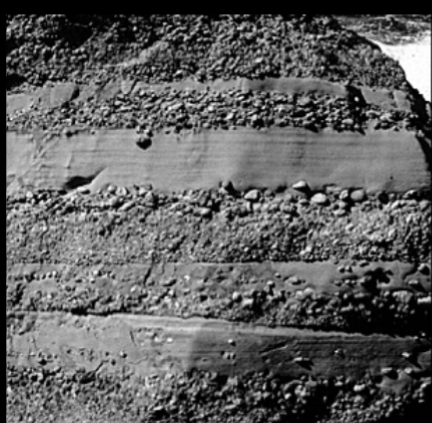 see how water speed changed over time (grainy one is fast and lowest layer is the oldest)
