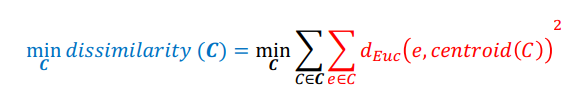 * Iterative greedy descent algorithm that finds a sub-optimal solution to (see image)
* K-means iteratively alternates between the following two steps:
  * assignment step
  * refitting step
