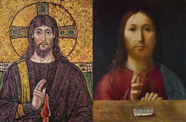 <p>i) Showing scenes as they actually appear ii) Expression is different depending on the individual and the scene</p><p>Left: &apos;Christ Pantocrator&apos;, Byzantine Mosaic (6th century) Right: &apos;Christ Blessing&apos; by Antonello da Messina (1465)</p>