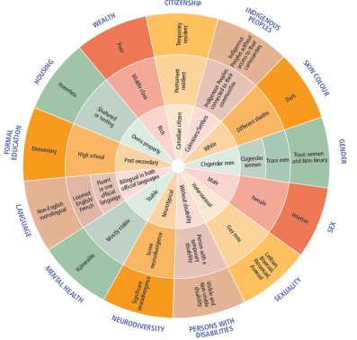 <ul><li><p>Wheel of Privilege and Power - the closer you are to the center, the more privilege you have.</p></li><li><p>The interconnected nature of social categorizations such as race, class, and gender as they apply to a given individual or group is regarded as creating overlapping and interdependent systems of discrimination or disadvantage.</p></li></ul>