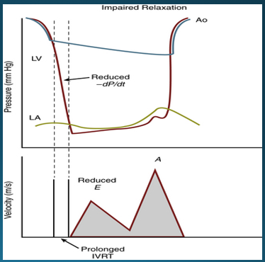 <p>prolonged IVRT</p><p>reduced E velocity </p><p>increased A velocity </p>