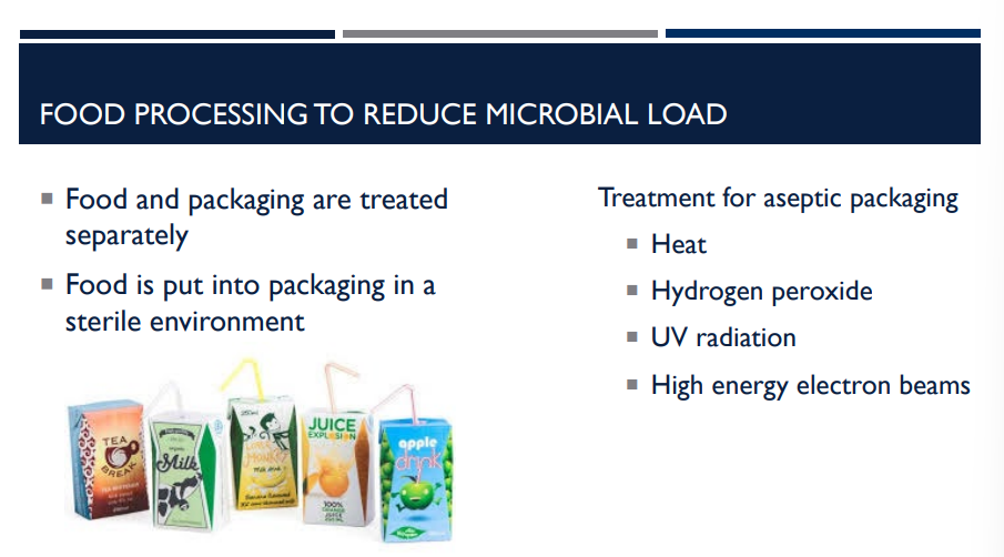 <p>Describe how food is packaged to reduce microbial load, and the treatments used for aseptic packaging.&nbsp;</p>