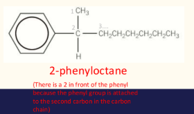 <ul><li><p>when benzene ring attached to alkyl chain with a functional group or to an alkyl chain with more than 7 carbons, benzene is considered the substituent.</p></li><li><p>instead of benzene, the prefix phenyl is used in the name</p></li></ul><p></p>