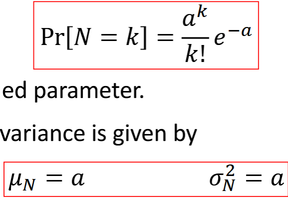 <p>discrete, based on pmf, low level photon detection noise, a&gt;0</p><p>graph has tail to the right. shot noise</p>