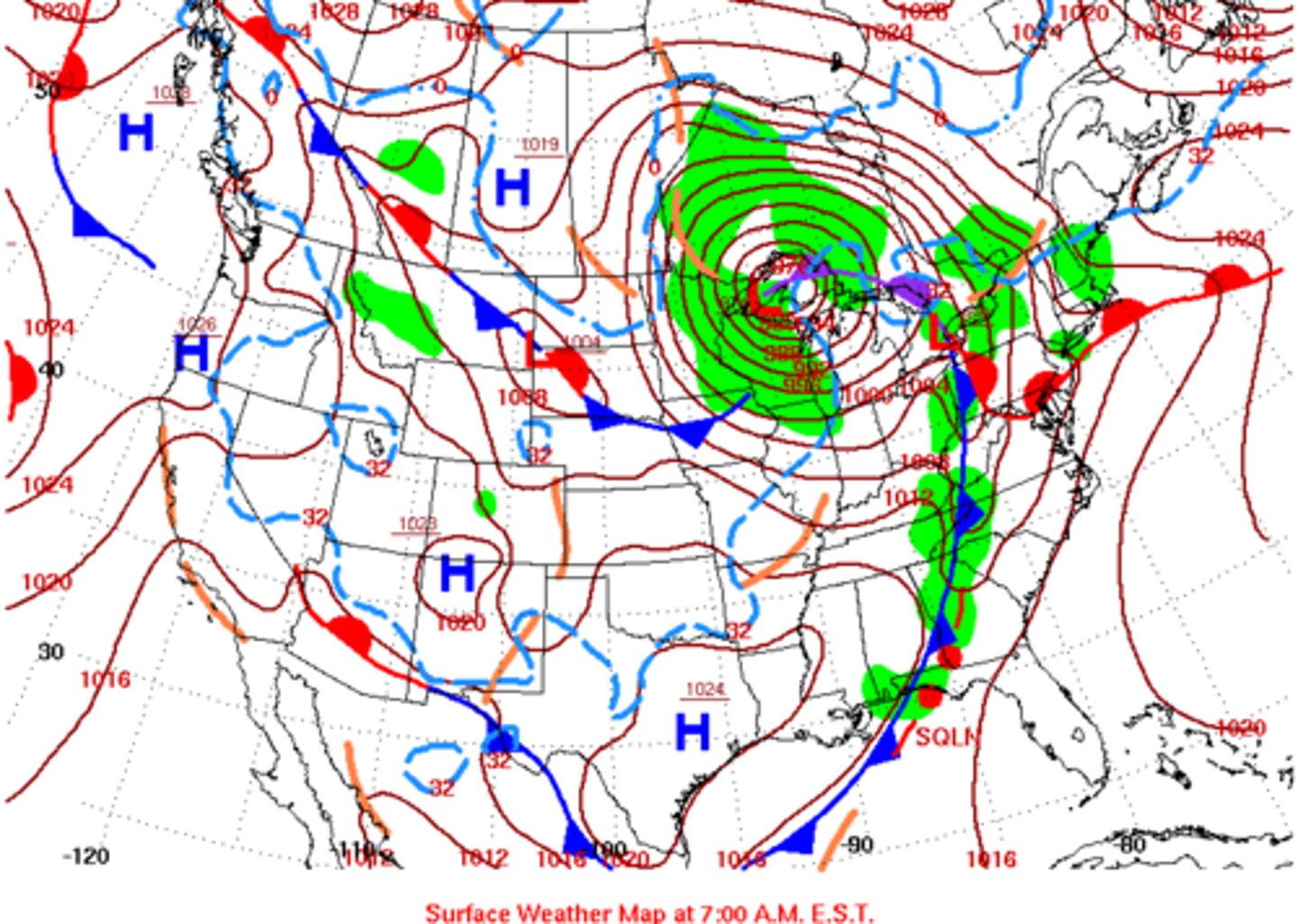 <p>In what direction is the front approaching the New England states moving? (National Weather Service Map)</p>