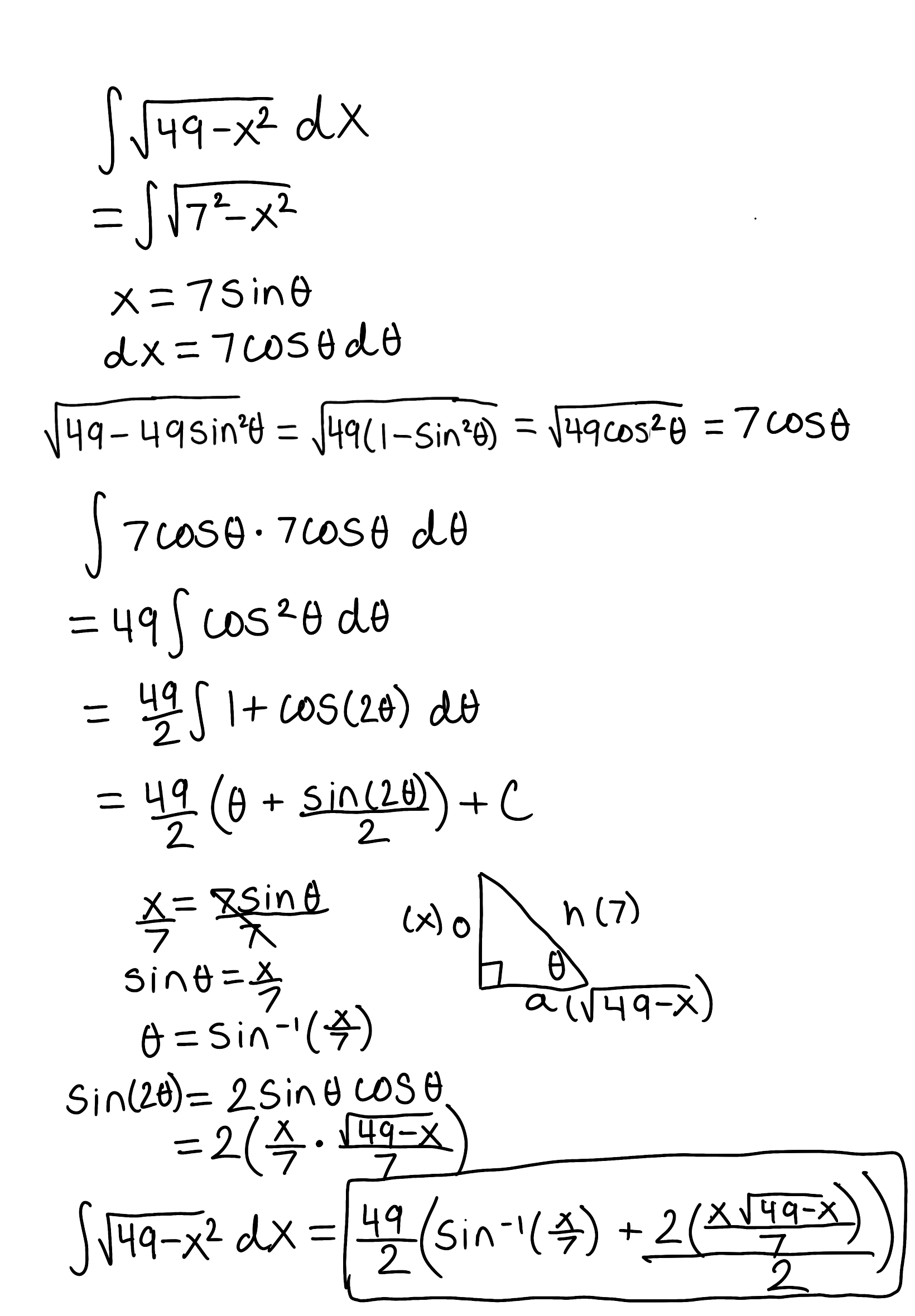 <p>The answer should have <span>√(49-x²)</span></p>