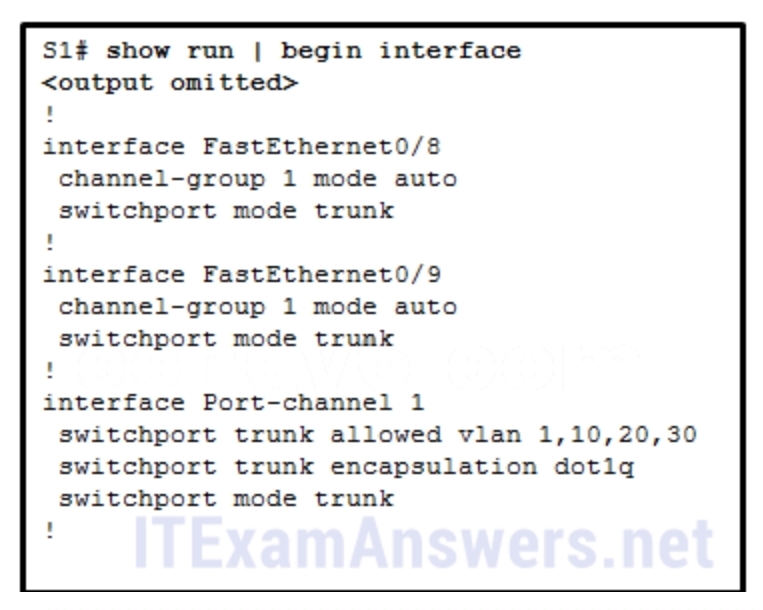 <p>Refer to the exhibit. A network administrator is reviewing the configuration of switch S1. Which protocol has been implemented to group multiple physical ports into one logical link?</p>