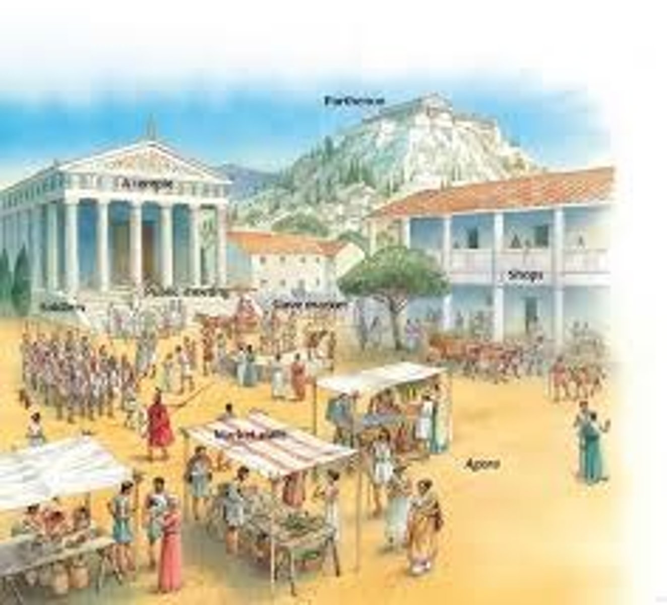 <p>a marketplace in ancient Greece, commonly used as a meeting place</p>
