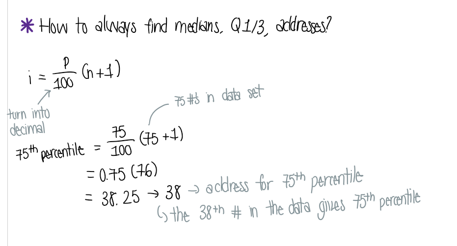 <p>Must sort data from lowest to highest first</p><ul><li><p>Using the formula will give you the address for the percentile in question</p></li><li><p>The 38th number in the data set gives you the 75th percentile!</p></li></ul><p></p>