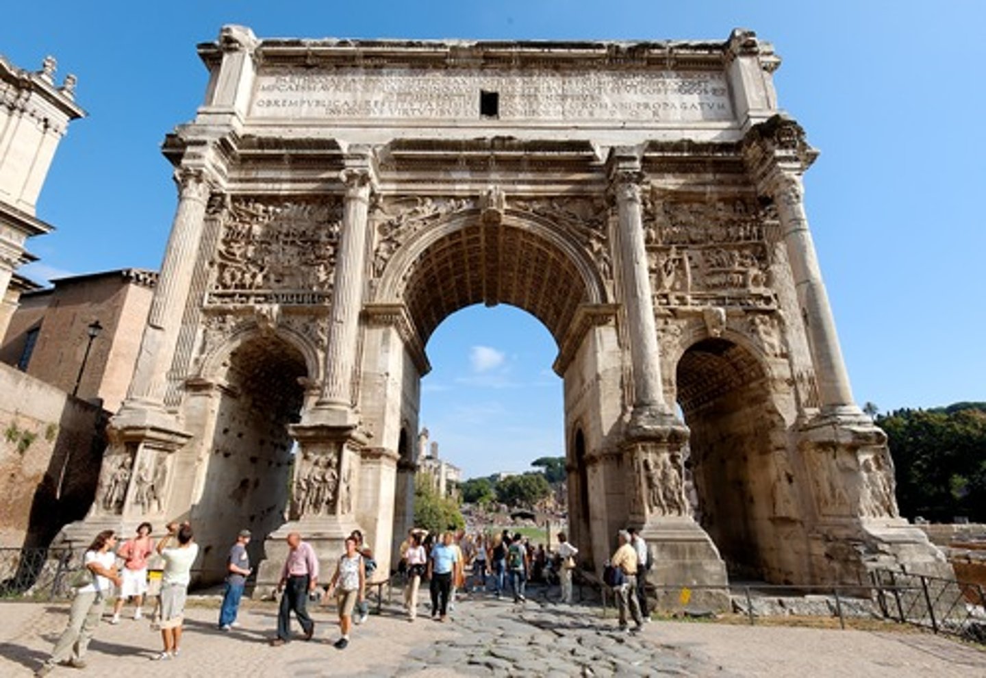 <p>• Dedicated in 203 AD to commemorate Septimius Severus' victory over the Parthians at Ctesiphon in 197 AD • Geta removed from the dedicatory inscription as part of his damnatio memoriae • New style of representation-panels depict multiple aspects of historiated events in one space without clear registers</p>