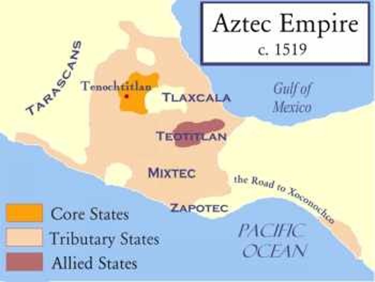 <p>The Aztecs ruled their huge empire remotely through a tribute system (no bureaucracy) where their conquered peoples paid through goods and were allowed to govern themselves; had a powerful professional military to enforce the system.</p>