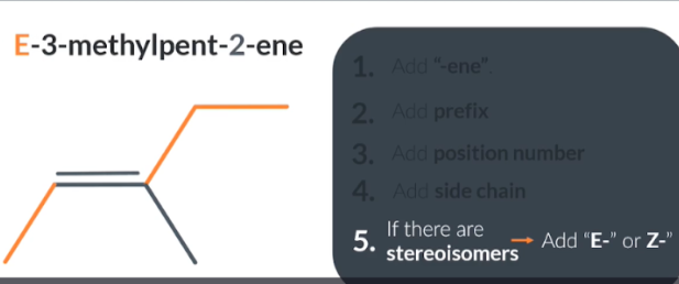 <p>If the alkene coud have stereoisomers we assign priority to one of the substituents at each end of the double bond and add an E or Z to the start of the name. (CIP notation)</p><p></p>