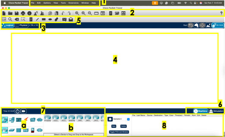 <p>This component contains all of the network and end devices available with Packet Tracer, and is further divided into two areas. Area 7. </p><ul><li><p>Area 7a: Device-type selection box</p></li><li><p>Area 7b: Device-specific selection box</p></li></ul><p></p>