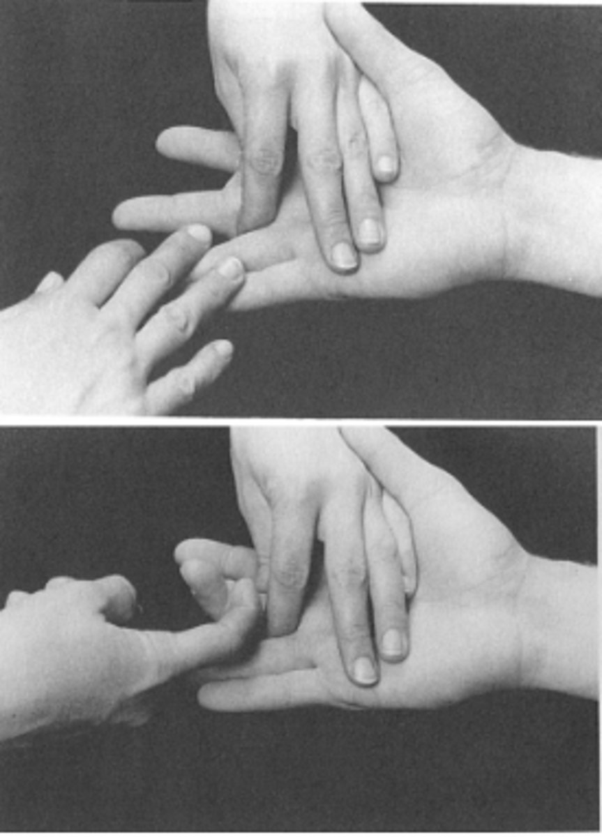 <p>Fő működés: PIP flexio</p><p>KH: könyök enyhe flexio, alkar supinatio, csukló az alkar folytatása (asztalon pihen a kar)</p><p>Stabilizálom a proximalis phalanxig</p><p>DIP maradjon nyújtva!</p><p>Ellenállás: középső phalanxra ujjbeggyel</p>