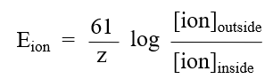 <ul><li><p>use nernst equation </p></li><li><p>E<sub>K</sub>=-90mV</p></li><li><p>E<sub>Na</sub>=+61mV</p></li><li><p>E<sub>Cl</sub>=-70mV</p></li><li><p>when the chemical potential is equal to the electrical potential </p></li></ul><p></p>