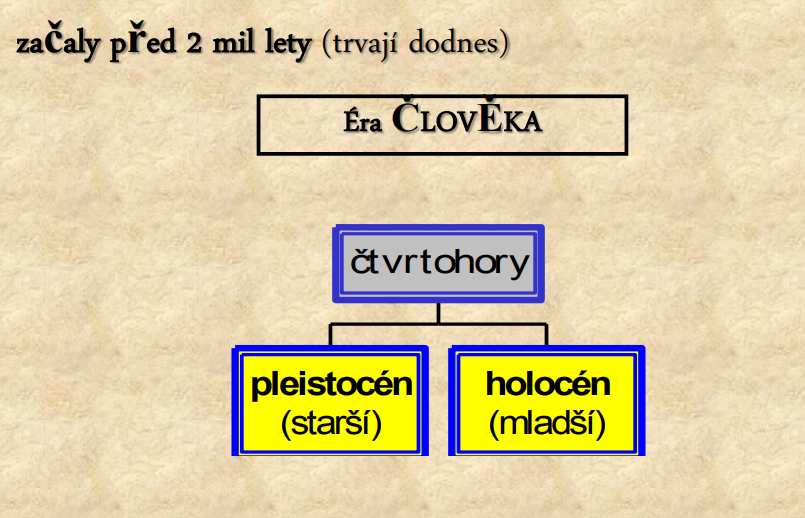 <ul><li><p> střídání chladnějšího období (doby ledové = glaciály - 20x (délka 100 000</p></li><li><p>let) s obdobími teplejšími (doby meziledové = interglaciály - 10 000 let)</p></li><li><p> v dobách ledových zasahoval ledovec až do stř. Evropy a Sev. Ameriky </p></li><li><p>migrace (stěhování) živočichů a rostlin</p></li><li><p> tvoří se hlavně nezpevněné usazené horniny</p></li><li><p> složení rostlinstva a živočichů se příliš nemění od třetihor</p></li><li><p>Rostliny:</p></li><li><p> dominují KRYTOSEMENNÉ ROSTLINY</p></li><li><p> glaciální relikt – rostlinné druhy, které jsou pozůstatkem doby ledové</p></li><li><p>(dnes rostoucí v horských oblastech ČR) – ostružiník moruška, vrba</p></li><li><p>bylinná</p></li><li><p> v interglaciálách k nám pronikají stepní teplomilné druhy zs stř. Asie –</p></li><li><p>kavyl, katran tatarský, dub šípák, hlaváček jarní</p></li><li><p>Živočichové:</p></li><li><p> dominantní postavení zaujímají savci</p></li><li><p> mamuti, srstnatí nosorožci, koně, jeleni, losi, sobi, medvědi, vlci, lišky</p></li></ul><p></p>
