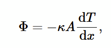 <p><span>κ: thermal conductivity</span></p><p><span>Φ: rate of heat flow</span></p><p><span>negative sign to show heat flow from hot to cold temp.</span></p>