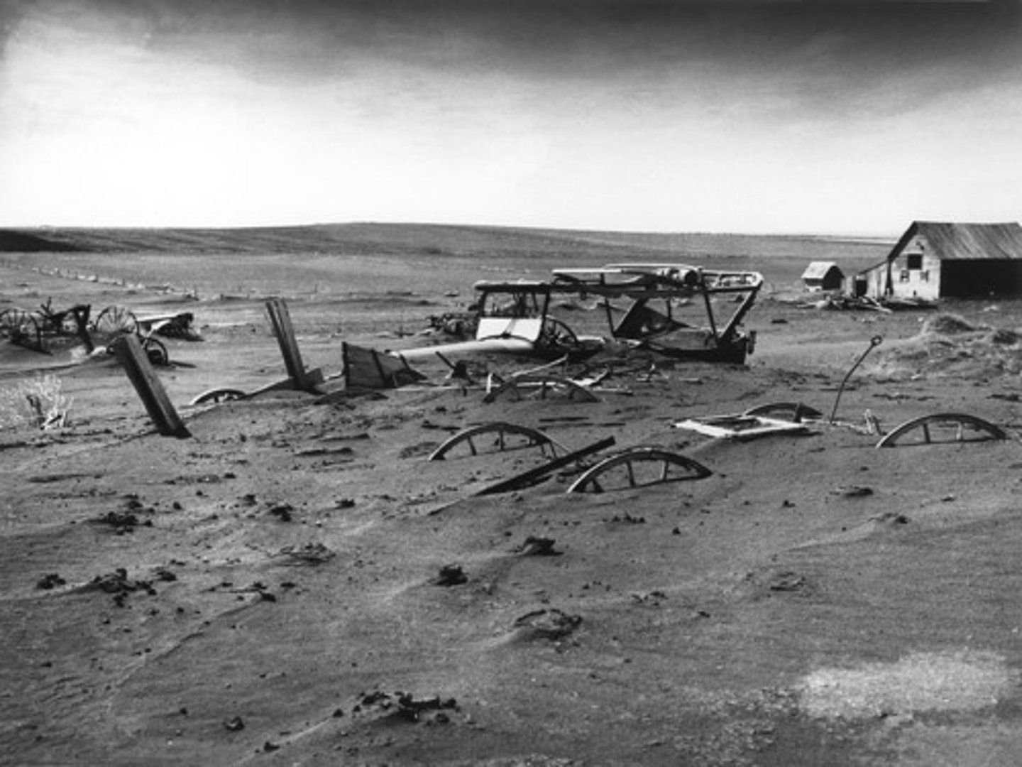 <p>drought in Great Plains; caused migration to California; Grapes of Wrath was a book about it</p>