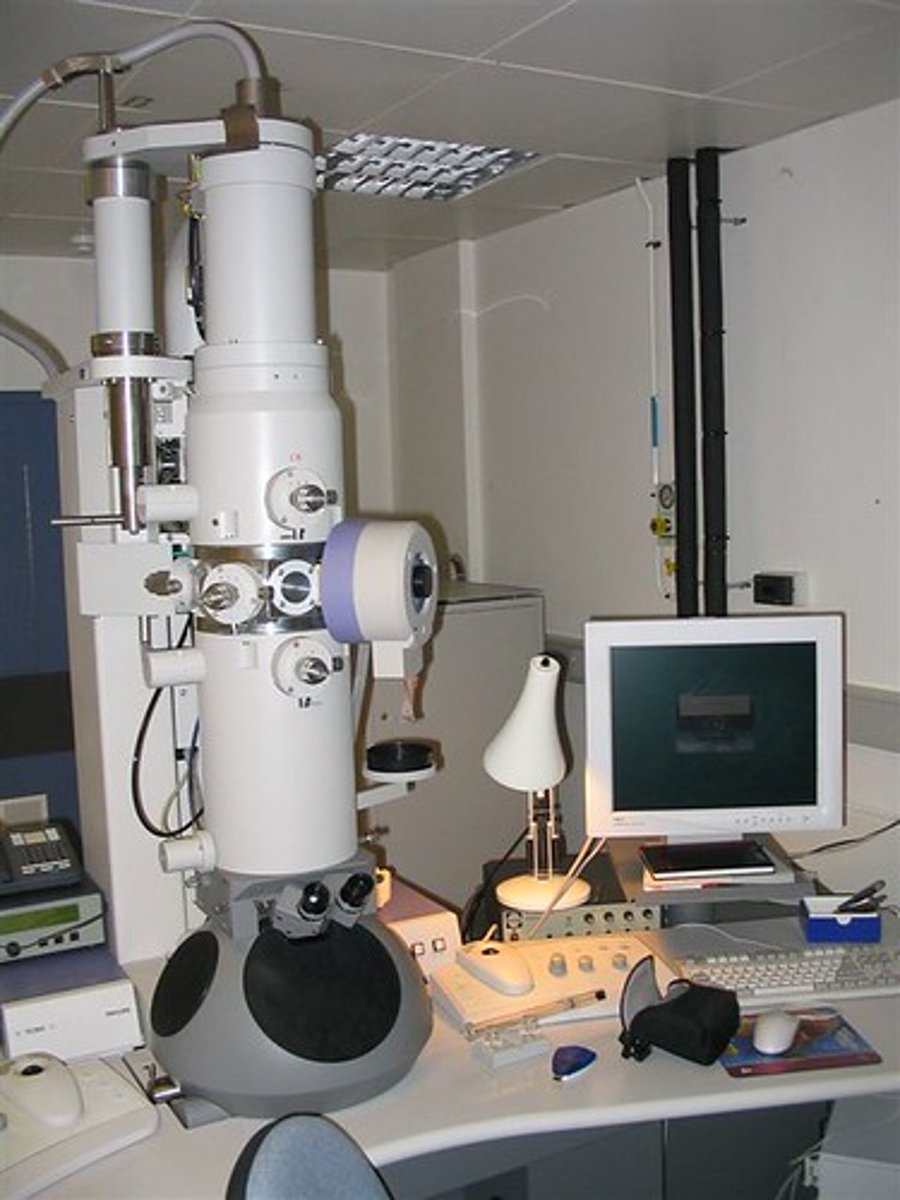 <p>Equipment which uses electron beams to produce images with higher magnification and resolution</p>