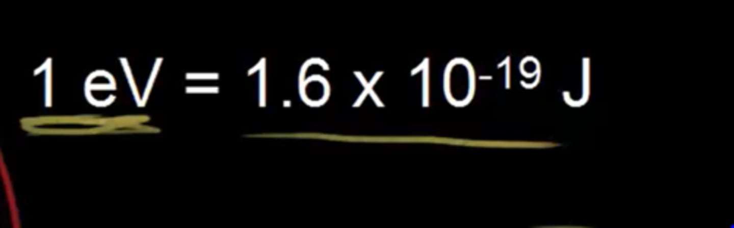 <p>it is the energy required to move 1 electron through a potential of 1 volt.</p><p>1eV= 1.6x10^-19</p>