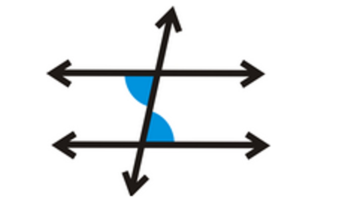 <p>a pair of angles, formed by a transversal intersecting two lines, that lie between the two lines and are on opposite sides of the transversal</p>