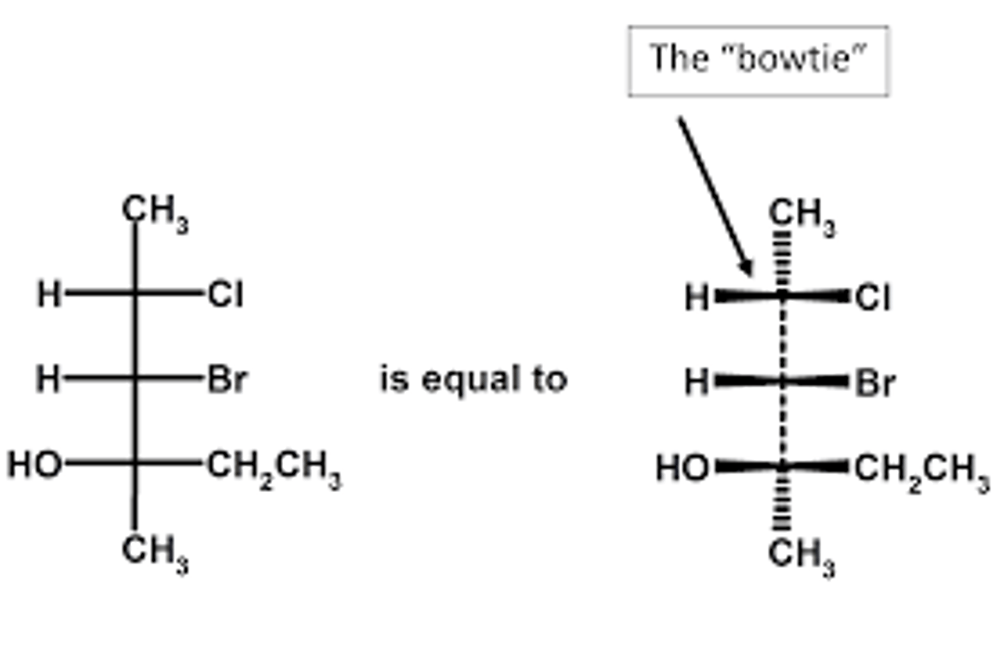 <p>(D) Top and Bottom, Right and Left</p><p>If you were trying to represent the Fischer Diagram with wedges and dashes, the Top and Bottom would have dashes (indicating that they are going into the page) and the Left and Right would have wedges (indicating that they are coming out of the page).</p>