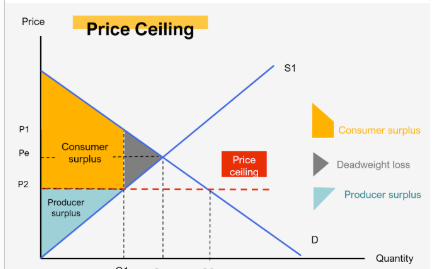 <ul><li><p><span style="background-color: transparent;">Price ceiling sets (Q<sub>c</sub>) →Intersection with Suppl</span></p></li><li><p><span style="background-color: transparent;">At that price, only a <strong>certain amount </strong>is supplied → Deadweight loss is the people who couldn't buy</span></p></li><li><p><span style="background-color: transparent;">Surplus that is <strong>LOST </strong>DUE TO PRICE CONTROL</span></p></li></ul><p></p>