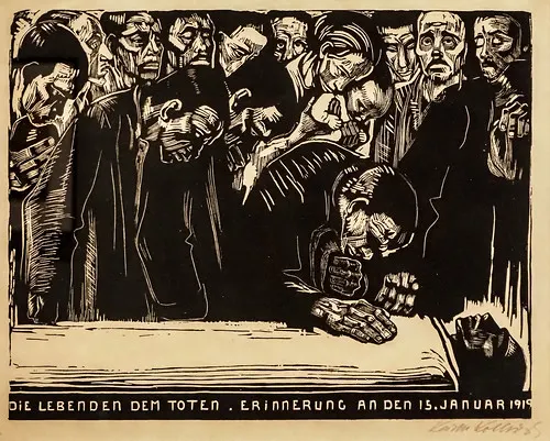 <ul><li><p><strong>ID:</strong> Käthe Kollwitz, 1919–1920 CE, Woodcut, Germany</p></li><li><p><strong>Content:</strong> Mourners gather around the body of Karl Liebknecht, a socialist leader.</p></li><li><p><strong>Function:</strong> Honors Liebknecht’s death while emphasizing universal grief.</p></li><li><p><strong>Context:</strong> Reflects Kollwitz’s focus on human suffering rather than political ideology.</p></li><li><p><strong>Form:</strong> Stark black-and-white contrast, expressive faces, three-part composition.</p></li></ul><p></p>