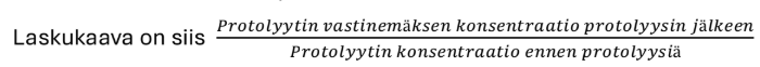 <ul><li><p><span><span>Ionisoitumisaste = kuvaa hapon tai emäksen vahvuutta</span></span></p><ul><li><p><span><span>Vahvan hapon ionisoitumisaste on 100% > vahvan hapon vesiliuoksessa kaikki happomolekyylit ovat reagoineet protoninsiirtoreaktiossa vastinemäkseksi ja oksoniumioneiksi</span></span></p></li><li><p><span><span>Hapon ionisoitumisaste on vastinemäksen tasapainokonsentraation ja hapon alkukonsentraation suhde ja vastaavasti emäksen ionisoitumisaste on vastinhapon tasapainokonsentraation ja emäksen alkukonsentraation suhde</span></span></p></li></ul></li></ul><p></p>