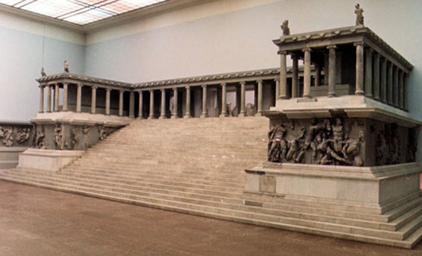 <p>- Quotes important Greek artworks (supports idea that Attalus I wanted to build Pergamon into a great Greek city that would preserve Greek culture</p><p>- Maybe originally dedicated to Zeus and Athena?</p><p>- Structure: flipped traditional Greek temple: columns on top with huge frieze at bottom so viewers could see the detail</p><p>- Frieze: Battle of Gods and Giants, goes back to early Greek traditions (myth as metaphor)</p><p>--Zeus fighting</p><p>--Athena fighting giant with mother Gaia while Nike crowns her</p><p>--Serene, expressionless Nix, callback to civilized Greeks who show no emotion</p><p>--Giants run away from gods &amp; come into our space by crawling up the stairs</p>