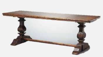 <p><span style="color: rgb(0, 0, 0);">- It originated in the monasteries,<br>typically had an oblong top of a single<br>walnut plank</span></p><p><span style="color: rgb(0, 0, 0);"><br>- supported by elaborately carved<br>trestles, dwarf Doric columns, or<br>turned baluster forms</span></p><p><span style="color: rgb(0, 0, 0);"><br>- with either plain or carved stretchers.</span></p><p><span style="color: rgb(0, 0, 0);"><br></span></p>