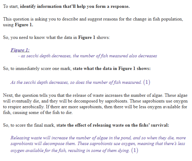 <p><span><strong><span>Any TWO from - Up to 2 marks:</span></strong></span></p><ul><li><p><span><span>•1. As secchi depth decreases, so does the number of fish measured;</span></span></p></li><li><p><span><span>•2. (Because) when algae die oxygen is used by saprobionts that decompose them (due to aerobic respiration), leaving less oxygen for the fish (causing death);</span></span></p></li></ul><p>OR</p><ul><li><p><span><span>•3. As secchi depth decreases, turbidity increases (leading to low fish population numbers);</span></span></p></li><li><p><span><span>•4. (Because) when more algae are present more light is absorbed / reflected by them and so less light penetrates, causing visual issues for fish to see and catch prey, leading to starvation.</span></span></p></li></ul><p></p>