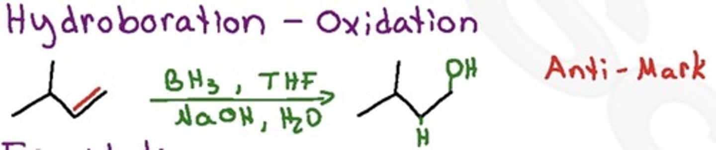 <p>Anti-Markovnikov hydroxide addition with hydrogen</p><p>Syn (concerted mechanism)</p><p>1. BH3</p><p>2. H2O2/NaOH</p><p>B atom adds at the least substituted end due to a combination of electronic and steric effects</p>