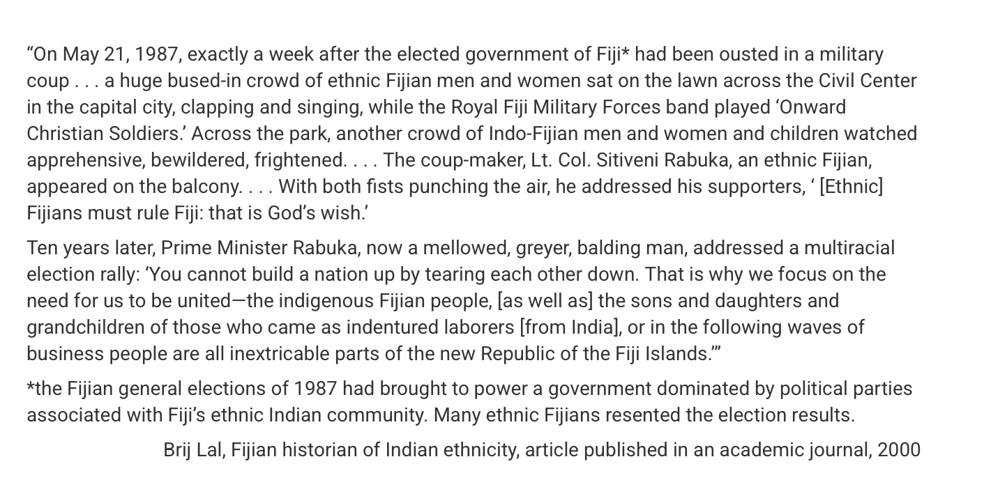 <p>As outlined in the second paragraph, the changes in Rabuka’s political rhetoric between 1987 and 1997 were most likely a result of which of the following?</p>