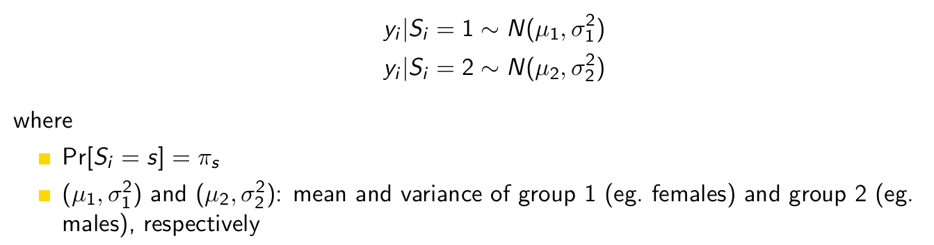 <p>Consider this mixture model. What is he probability that a person is a male given his height?</p>