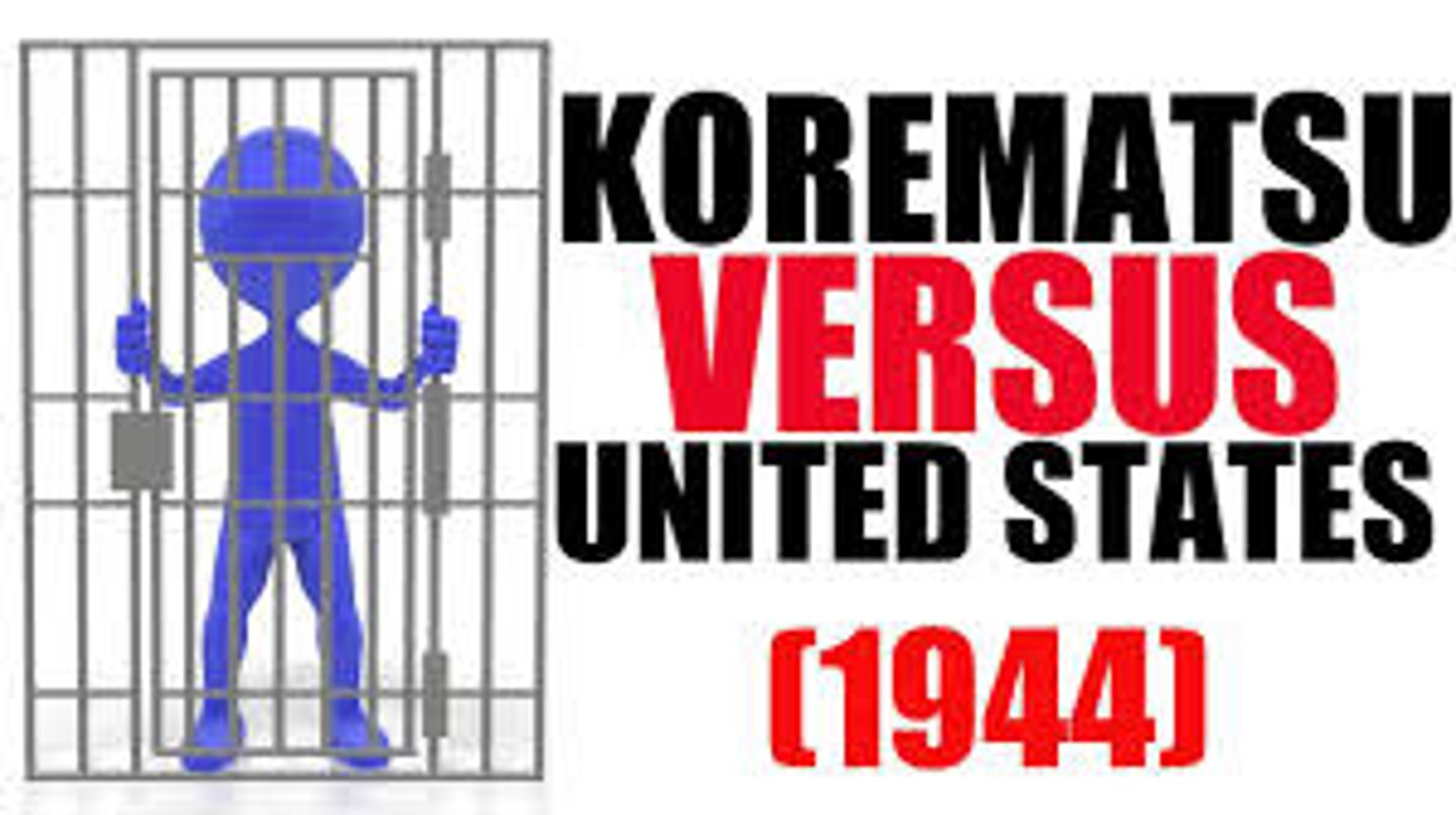 <p>-the Supreme Court upheld a conviction against a Japanese-American man for breaking curfew. This decision said it was okay for the government to intern Japanese out of a military necessity to protect Americans. -Korematsu's conviction was overturned in 1984 and reparations were awarded to those interned</p>