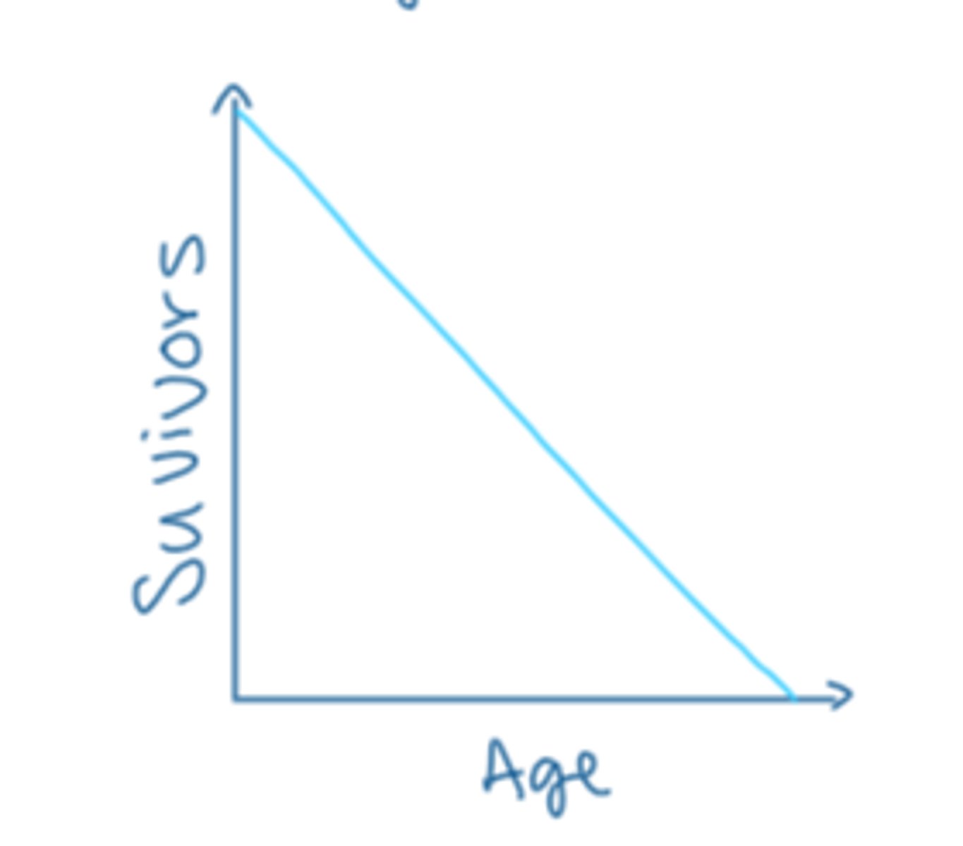 <p>moderate death rate, individuals die at all ages (birds)</p>